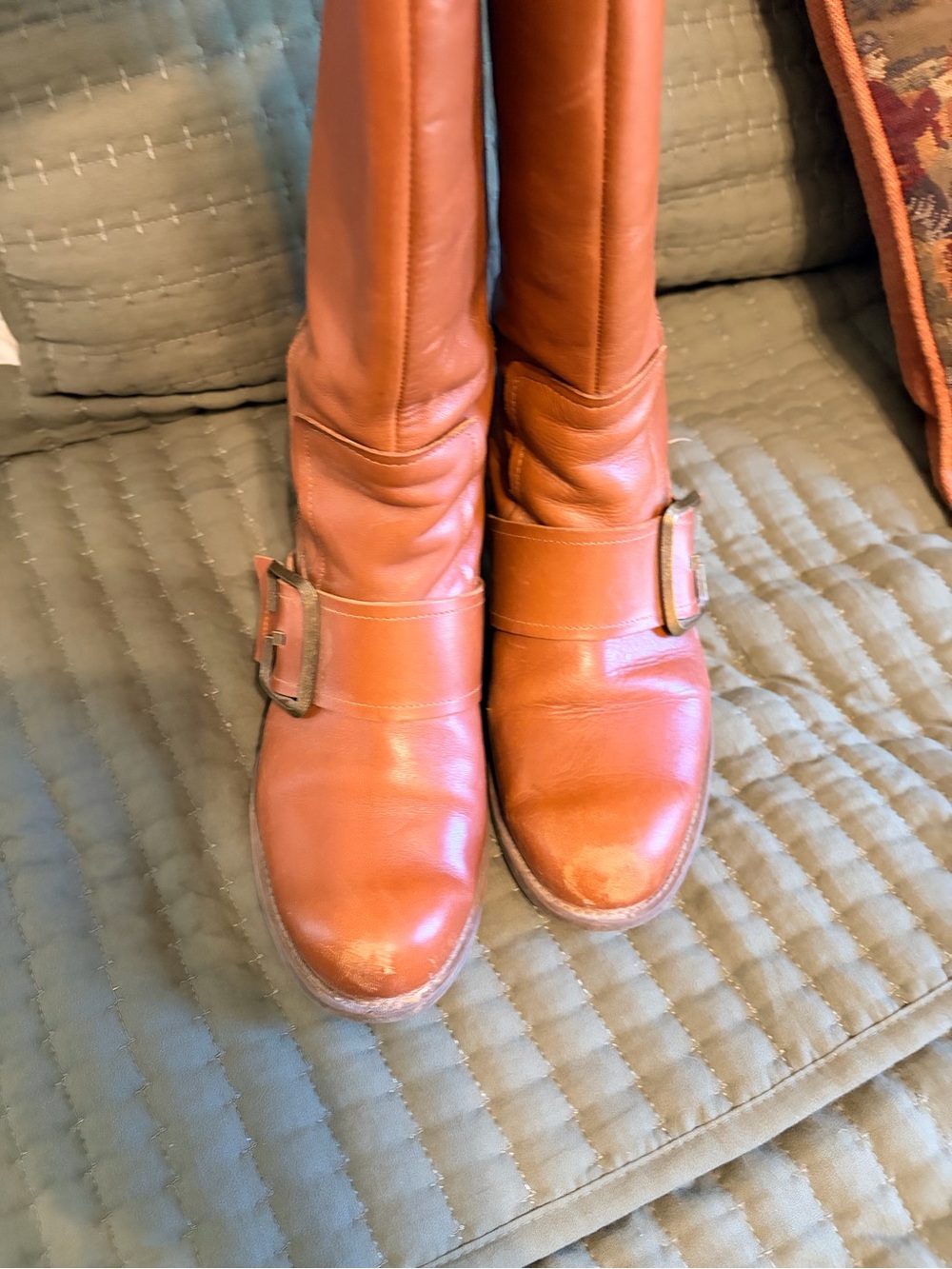 Nine West Cognac Leather Mid-Calf Buckle Heeled Boots